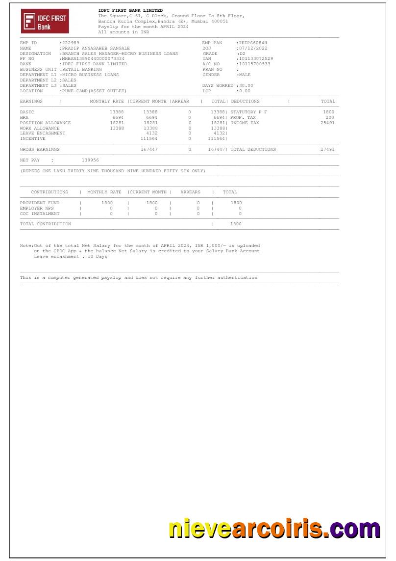 IDFC First Bank LTD payslip